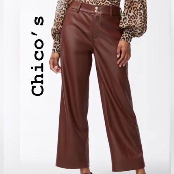 Chicos‎ Cambridge Brown Fly Front Faux Leather Wide Crop Pants sz 8 - Picture 1 of 5